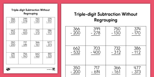 Second Grade Triple-digit Subtraction Without Regrouping Activity