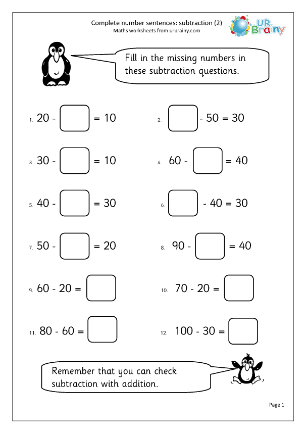 Subtraction: complete number sentences (2) - Subtraction Year 2 ...