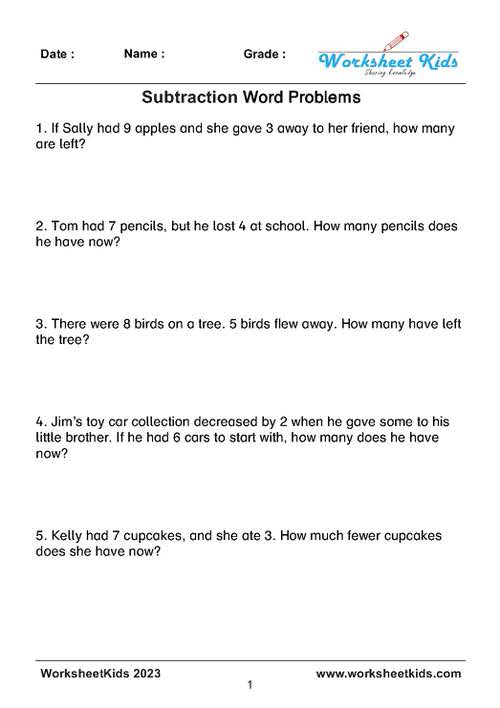 Subtraction Word Problems Worksheets: Kindergarten to Grade 6