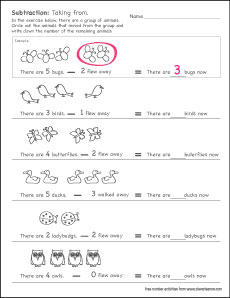 Printable count and subtract (take away) worksheets for preschools