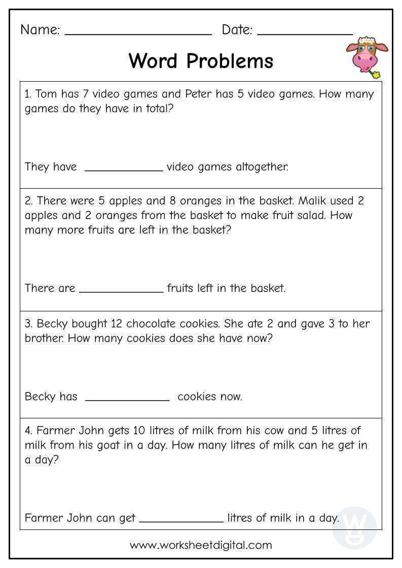 Word Problems Addition and Subtraction up to 20 - Worksheet Digital