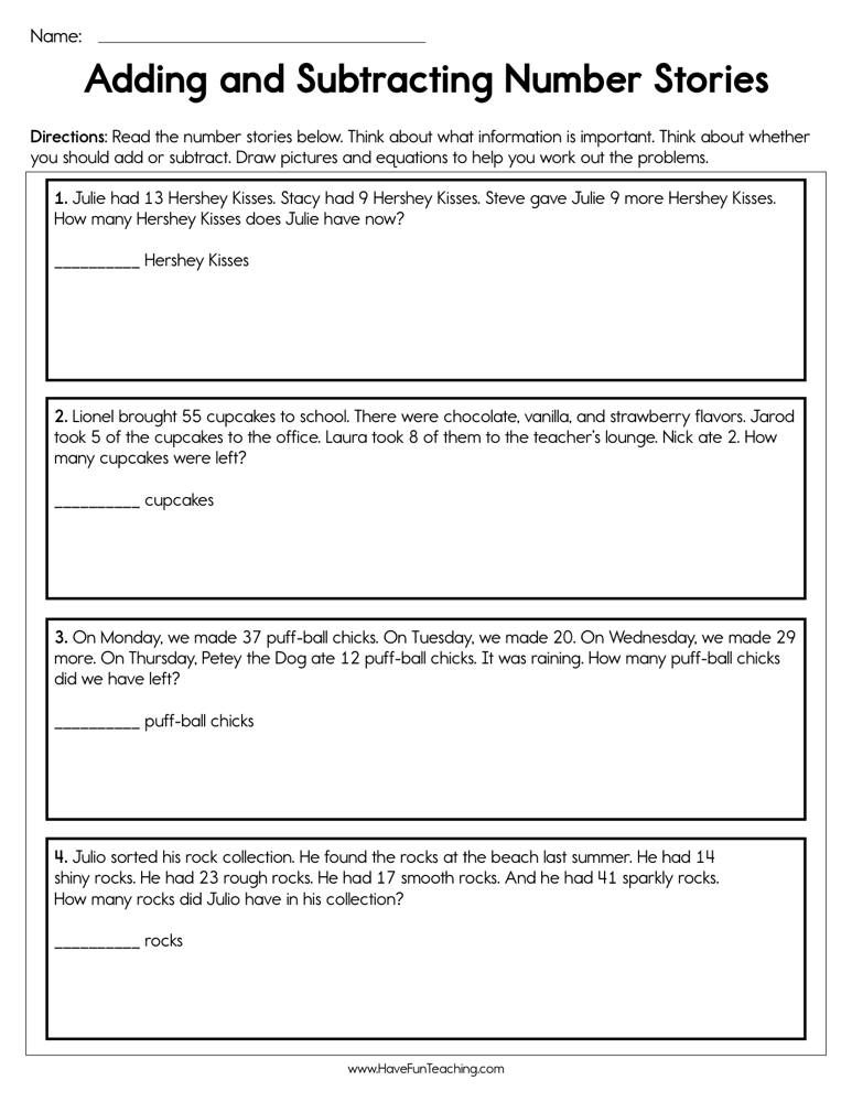 Adding and Subtracting Number Stories Worksheet  