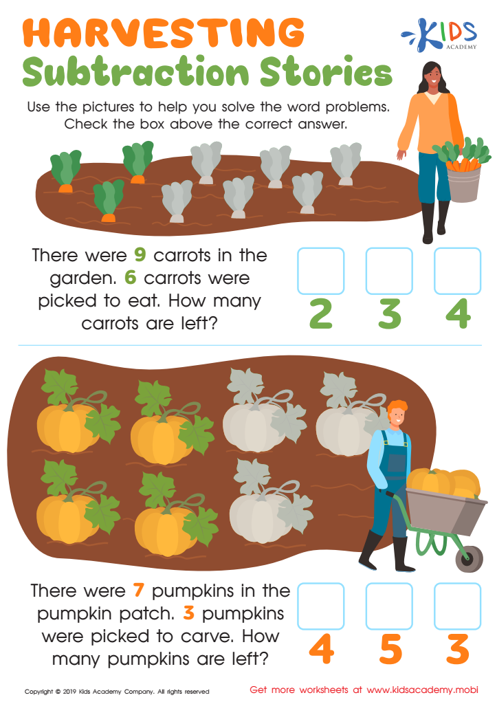 Harvesting Subtraction Stories Worksheet for kids