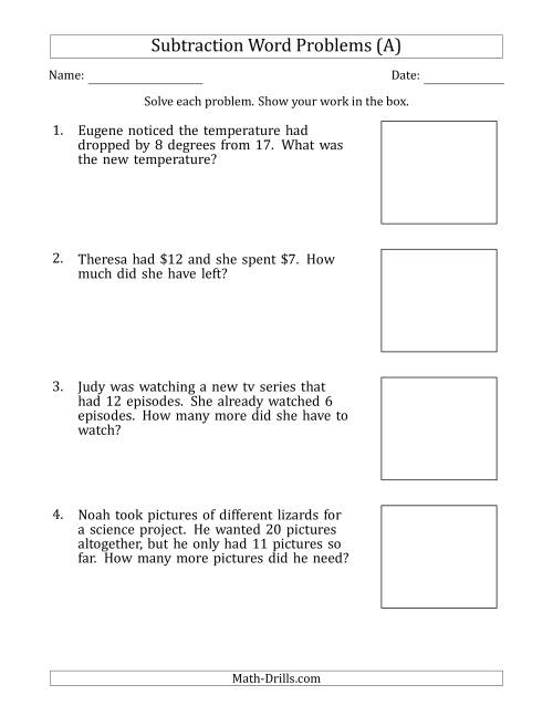 Subtraction Word Problems with Subtraction Facts from 5 to 12 (A)