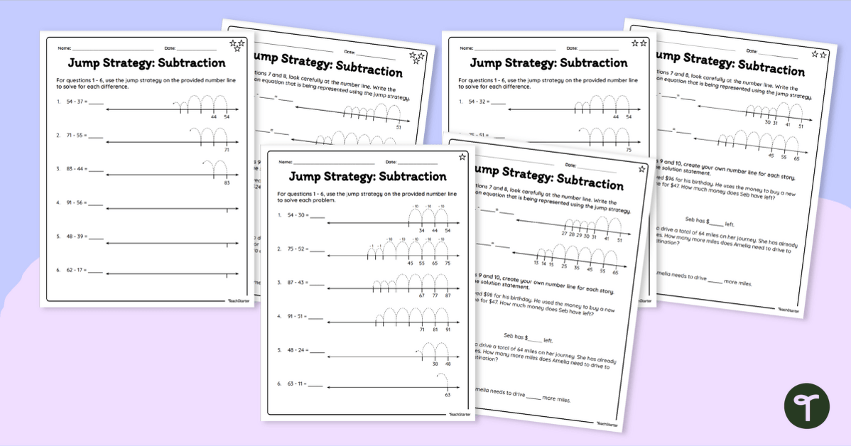 Jump Strategy: Subtraction on a Number LIne - Worksheets | Teach ...