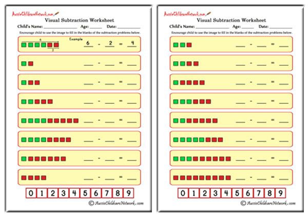 Visual Subtraction Worksheets - Aussie Childcare Network