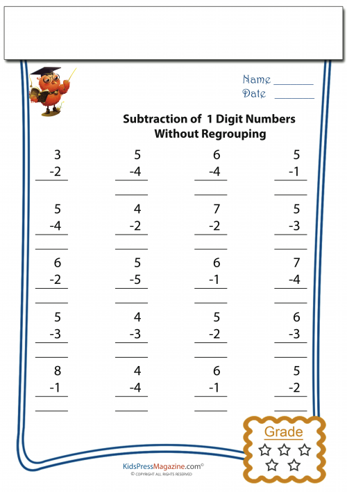 Easy Subtraction Worksheets #1 - KidsPressMagazine.com