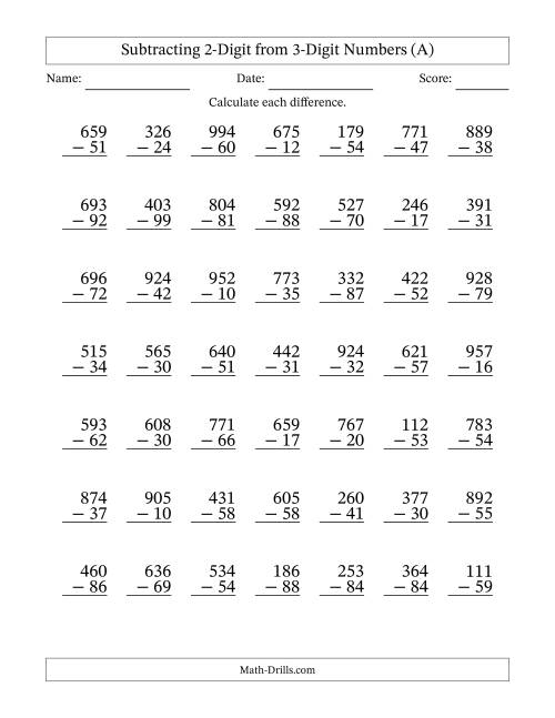 Subtracting 2-Digit from 3-Digit Numbers With Some Regrouping (49 ...