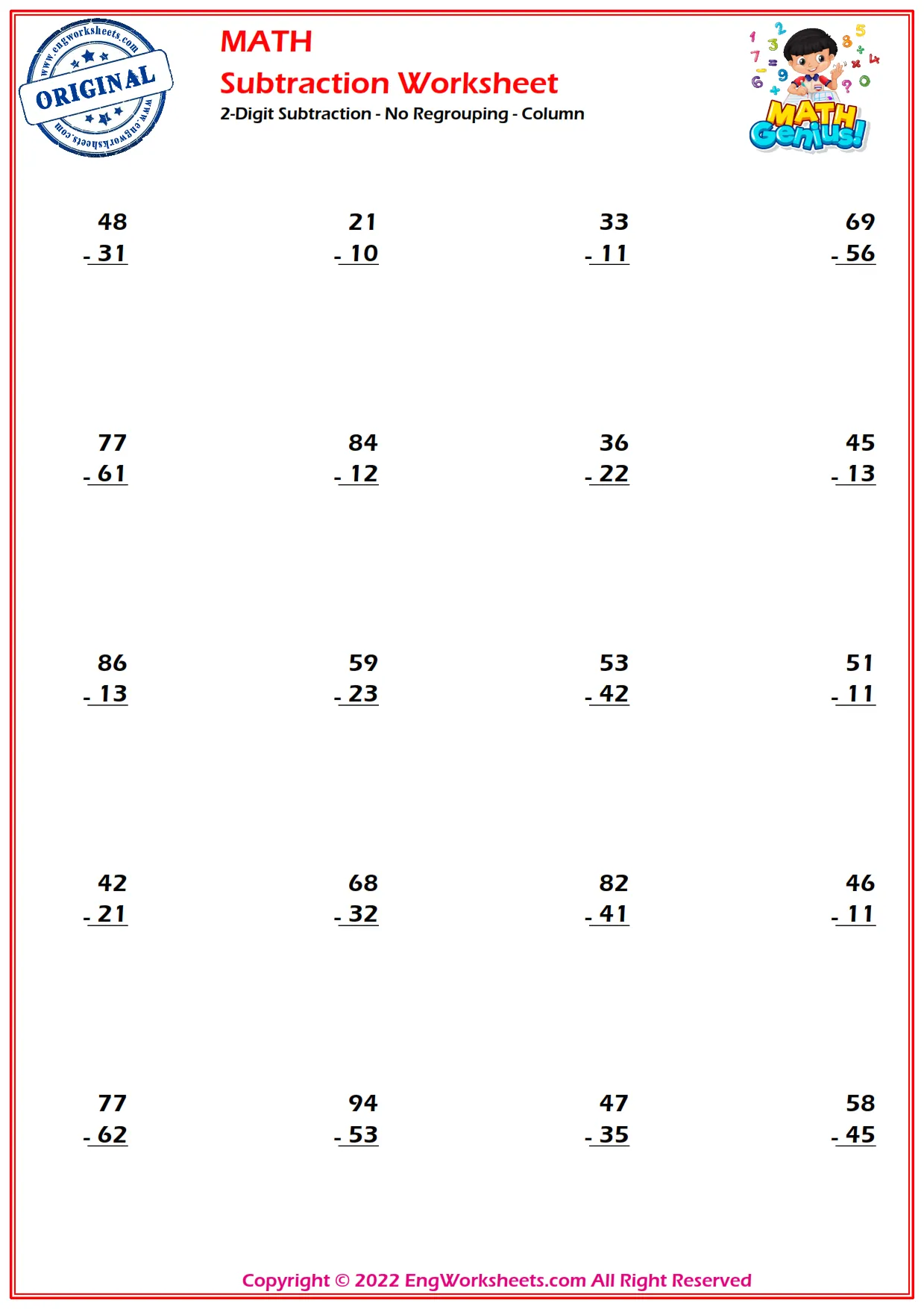 2-Digits Subtraction Worksheets and Exercise - Engworksheets