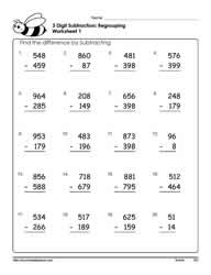 3 Digit Subtraction with Borrowing Worksheets