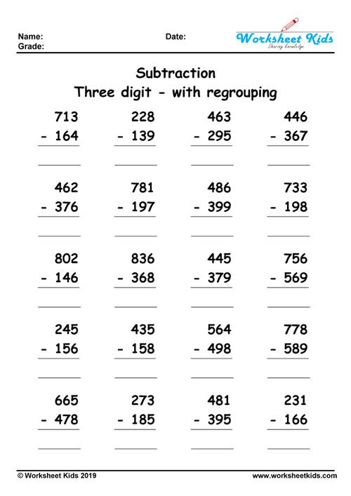 3 digit subtraction with regrouping worksheets for 2nd and 3rd ...