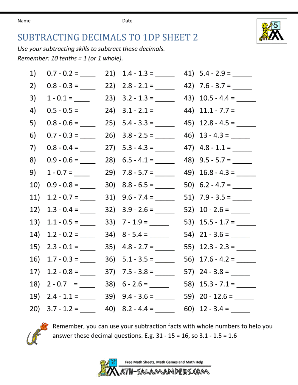 subtraction with decimals worksheet