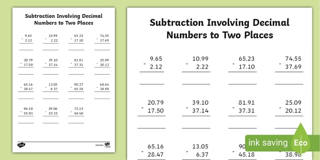 Subtraction of Whole Numbers and Decimals to Two Places Worksheet