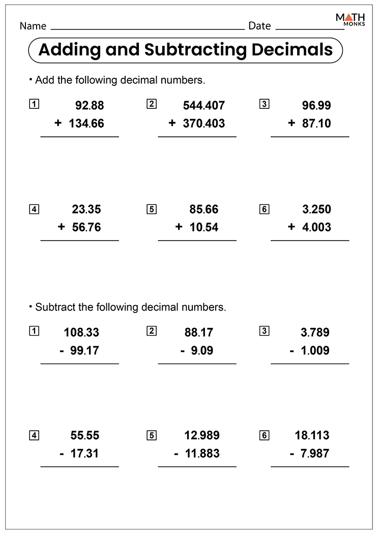 Adding and Subtracting Decimals Worksheets - Math Monks
