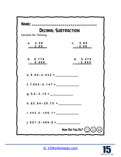 subtraction with decimals worksheet