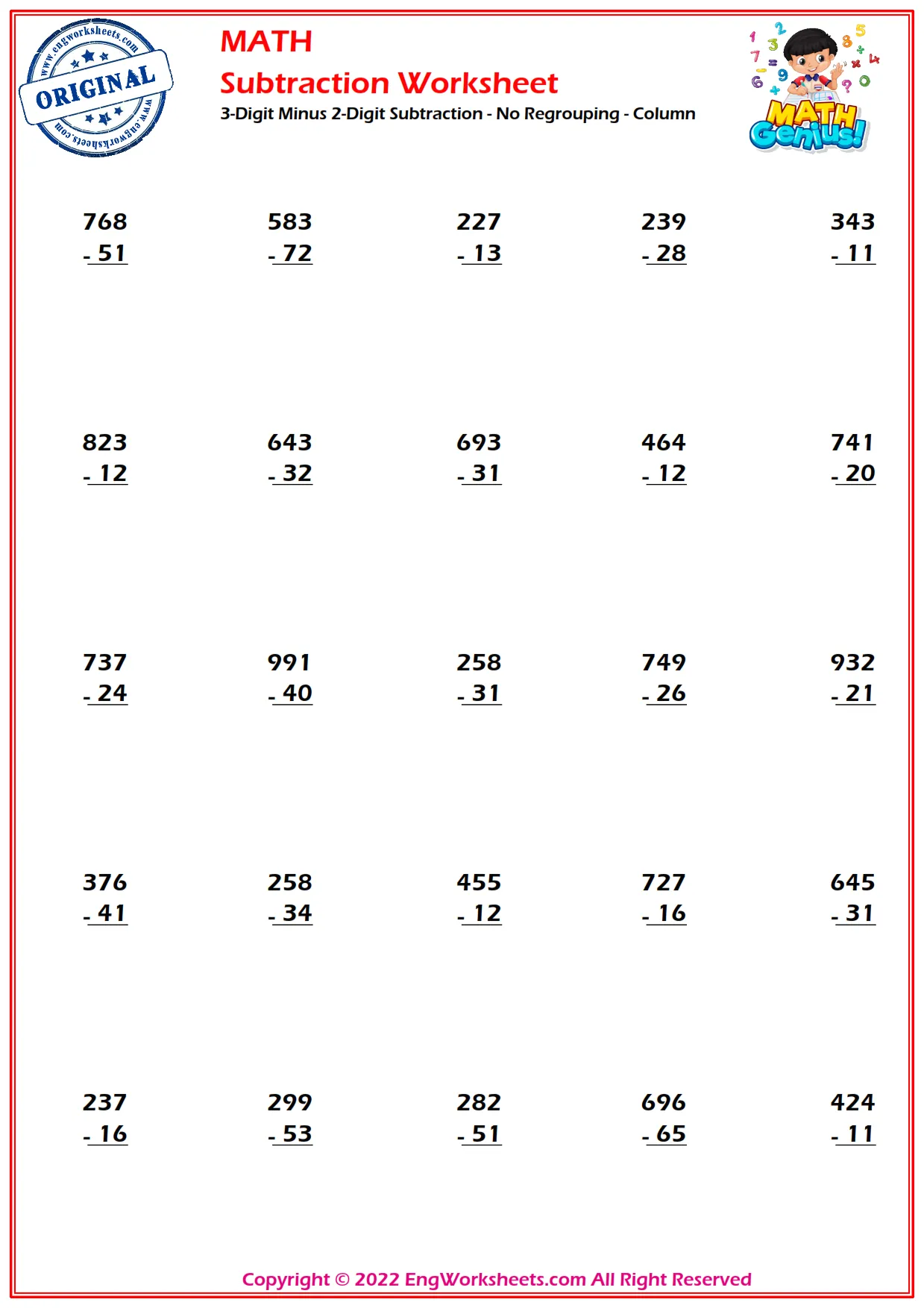 subtraction with regrouping and without regrouping worksheet