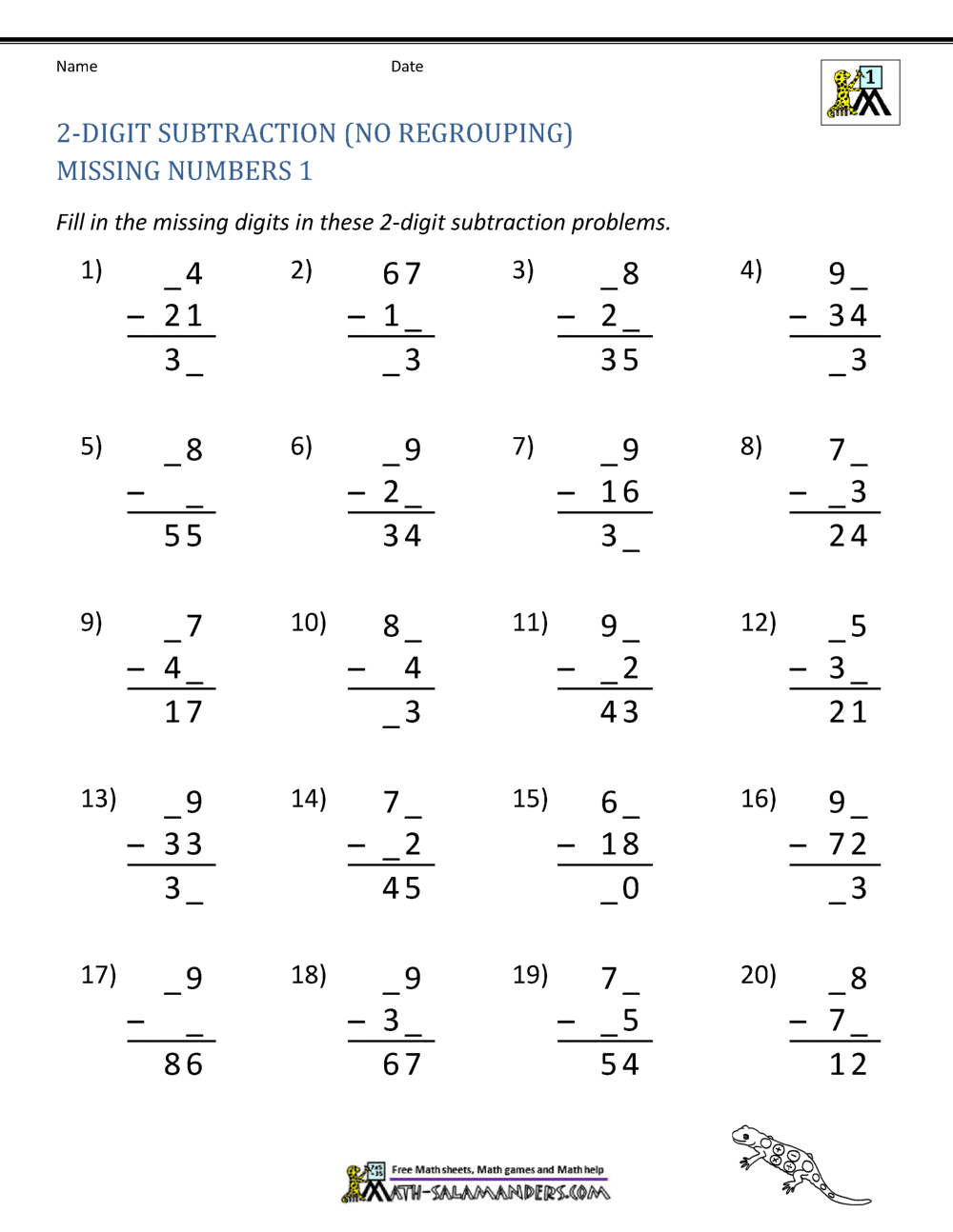 Two Digit Subtraction Without Regrouping