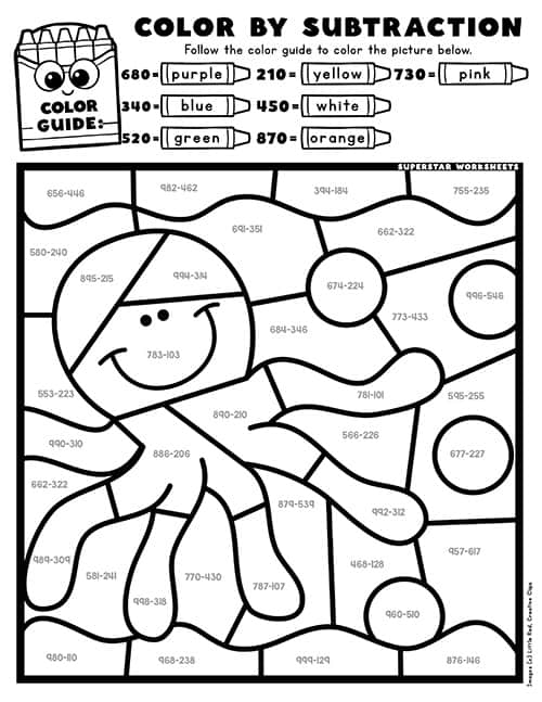 subtraction with regrouping color by number worksheet
