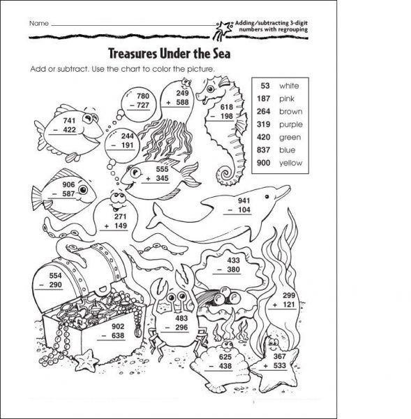 3 Digit Subtraction With Regrouping Coloring Worksheets