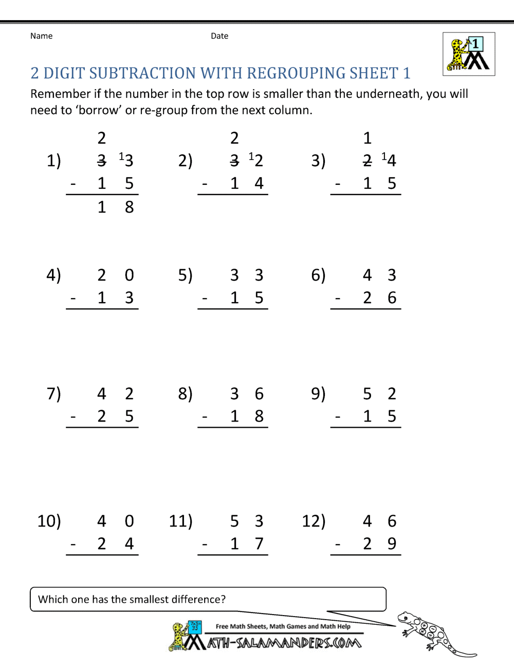 subtraction with regrouping easy worksheet