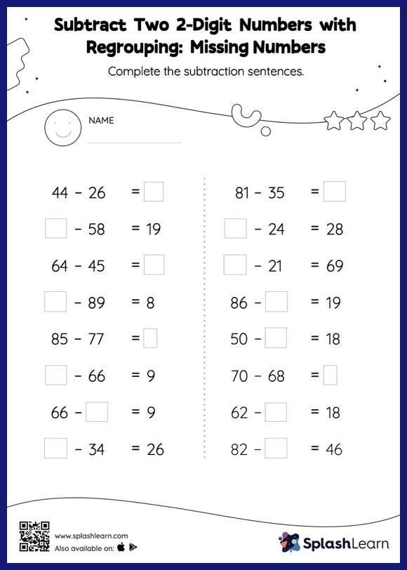 Subtract Two 2-Digit Numbers with Regrouping: Missing Numbers ...