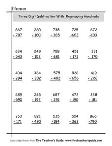 subtraction with regrouping in hundreds and thousands worksheet