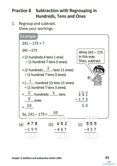 subtraction with regrouping in hundreds and thousands worksheet