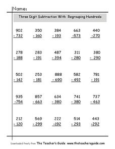 subtraction with regrouping in hundreds and thousands worksheet