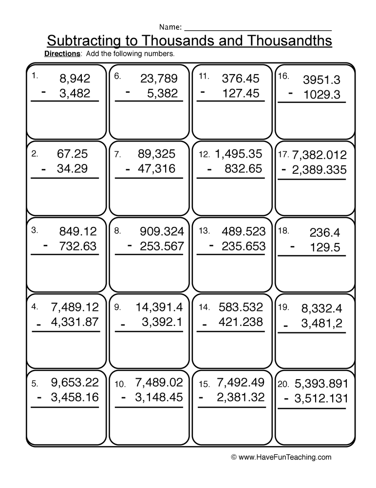 Subtracting Thousands Thousandths Worksheet  