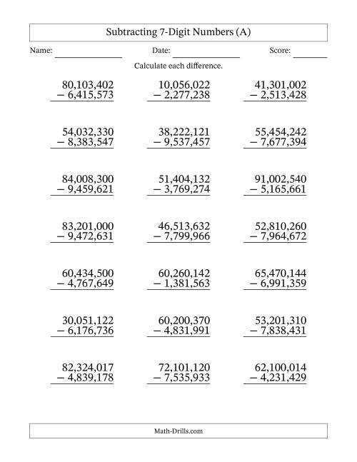 subtraction with regrouping in the thousands worksheet