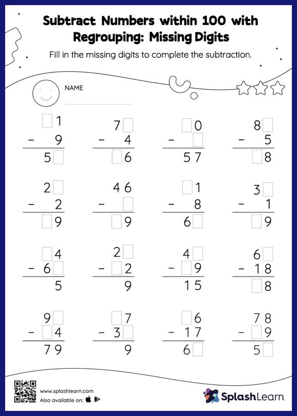 subtraction with regrouping ones worksheet