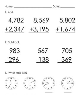 Addition &  Subtraction with Regrouping, Time Practice Worksheet