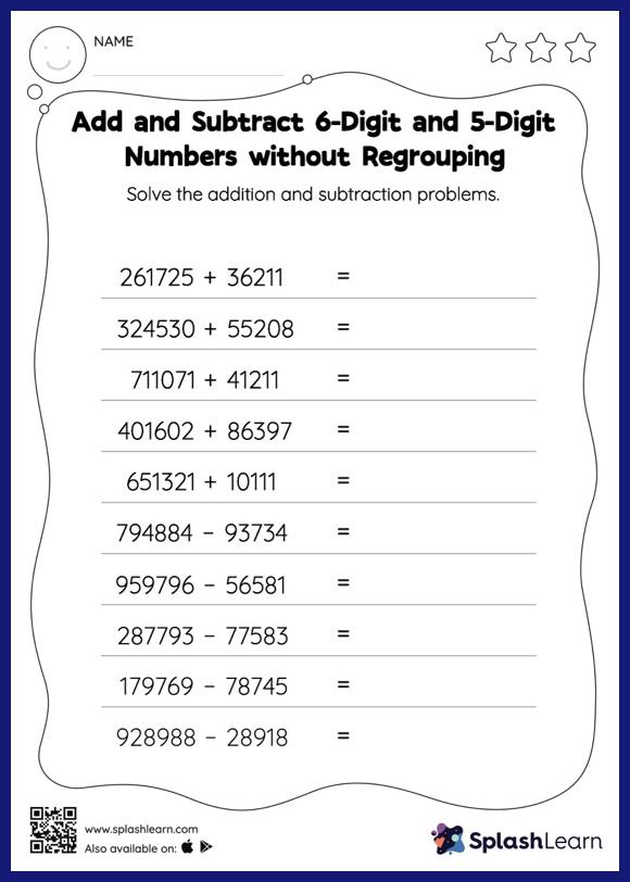 Subtract 5-Digit Numbers from 6-Digit Numbers without Regrouping ...
