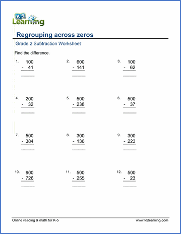 subtraction with regrouping using zeros worksheet
