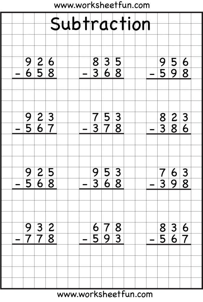 3 Digit Borrow Subtraction - Regrouping - 5 Worksheets / FREE ...