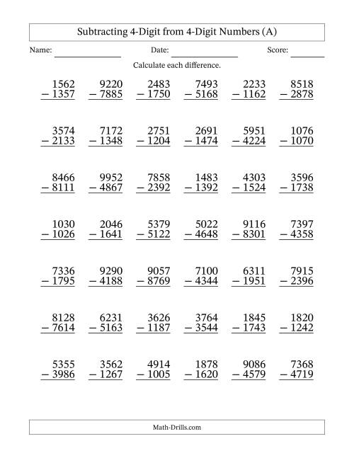 subtraction with regrouping worksheet 4 digit numbers