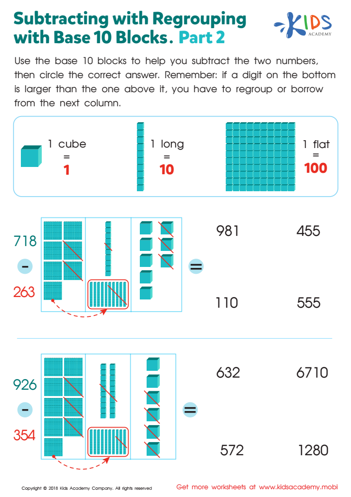 Subtracting with Regrouping with Base 10 Blocks. Part 2 Worksheet ...