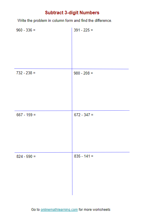 Subtract 3-Digit Numbers Worksheets (Second Grade, printable)