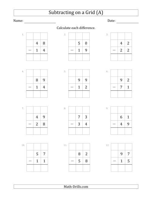 subtraction with regrouping worksheet on graph paper