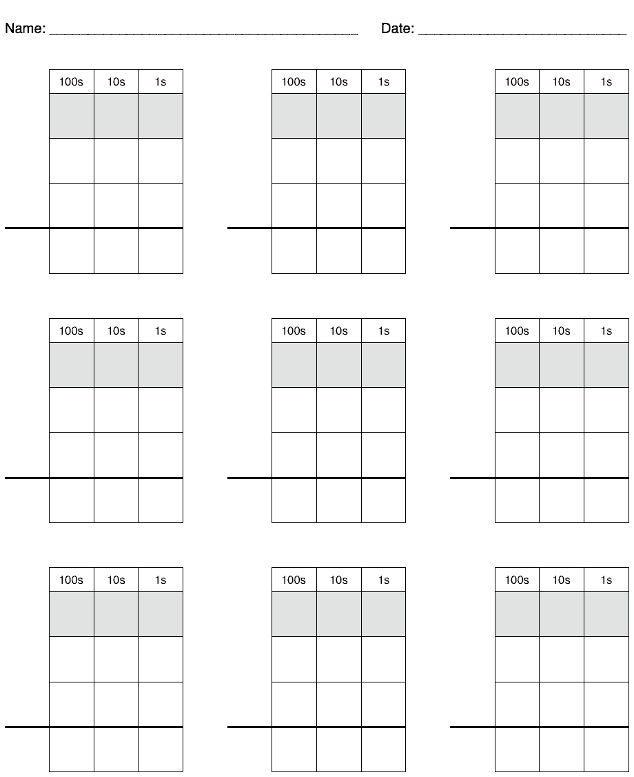 subtraction with regrouping worksheet on graph paper