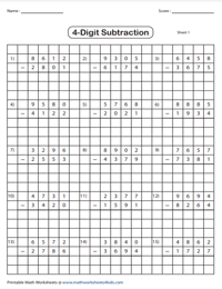 subtraction with regrouping worksheet on graph paper