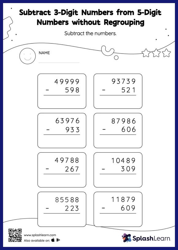 5-digit Subtraction Worksheets for Kids Online