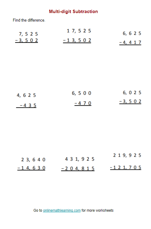 Multi-digit Subtraction Worksheets (answers, printable, online ...