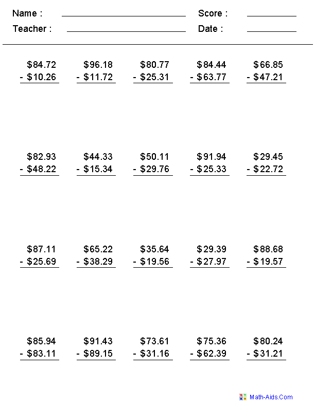Subtraction Worksheets | Dynamically Created Subtraction Worksheets