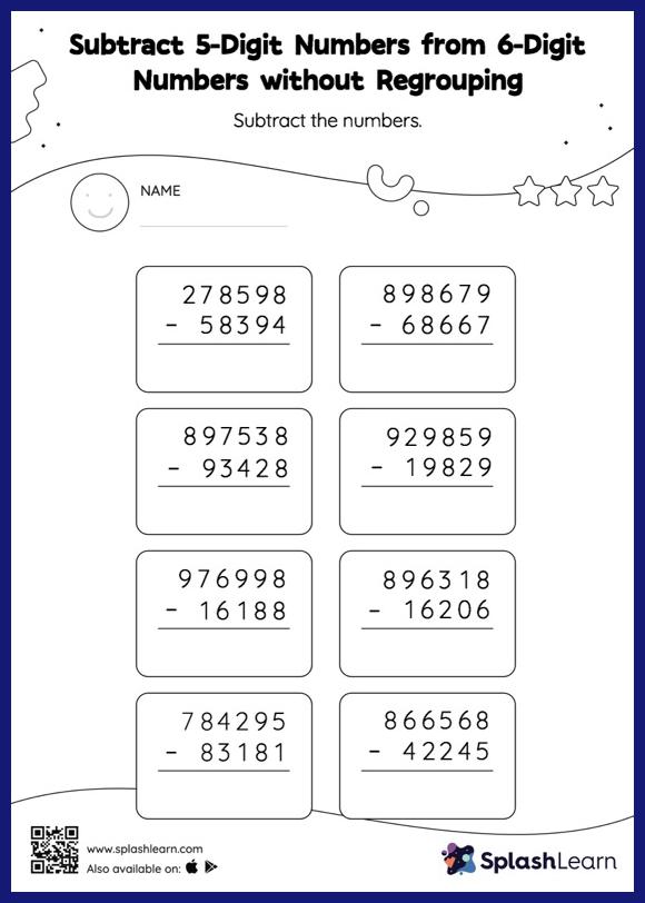 Subtract 5-Digit Numbers from 6-Digit Numbers without Regrouping ...