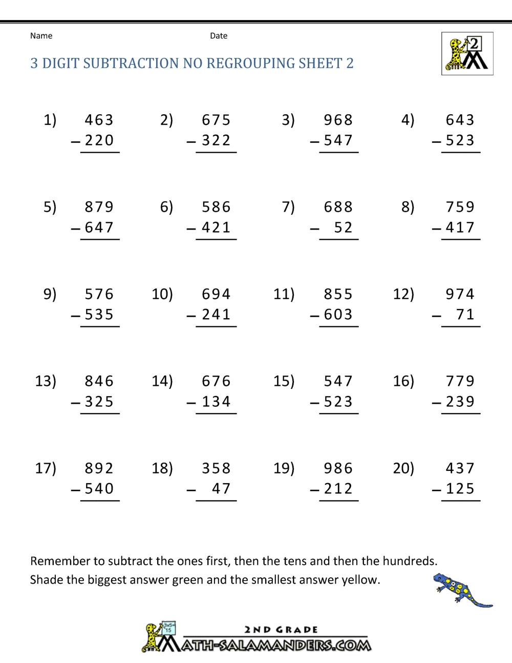 subtraction without regrouping worksheet