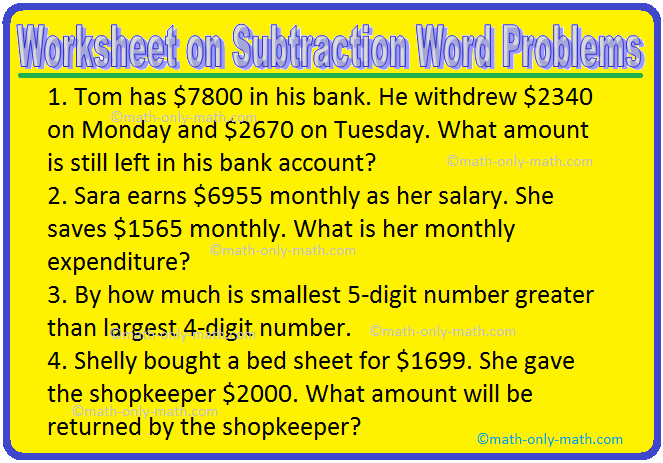 subtraction word problem worksheet for 3rd grade