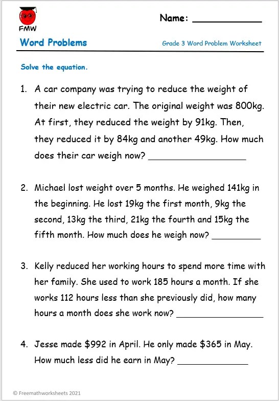subtraction word problem worksheet for 3rd grade