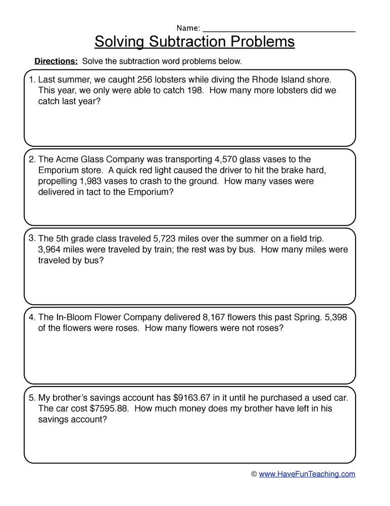 Subtraction Word Problems Worksheet  