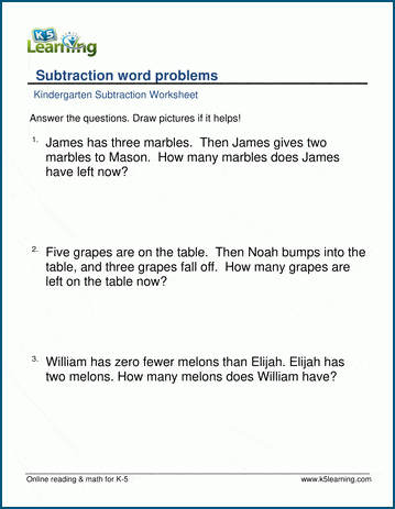 Kindergarten subtraction word problem worksheets | Worsheets library